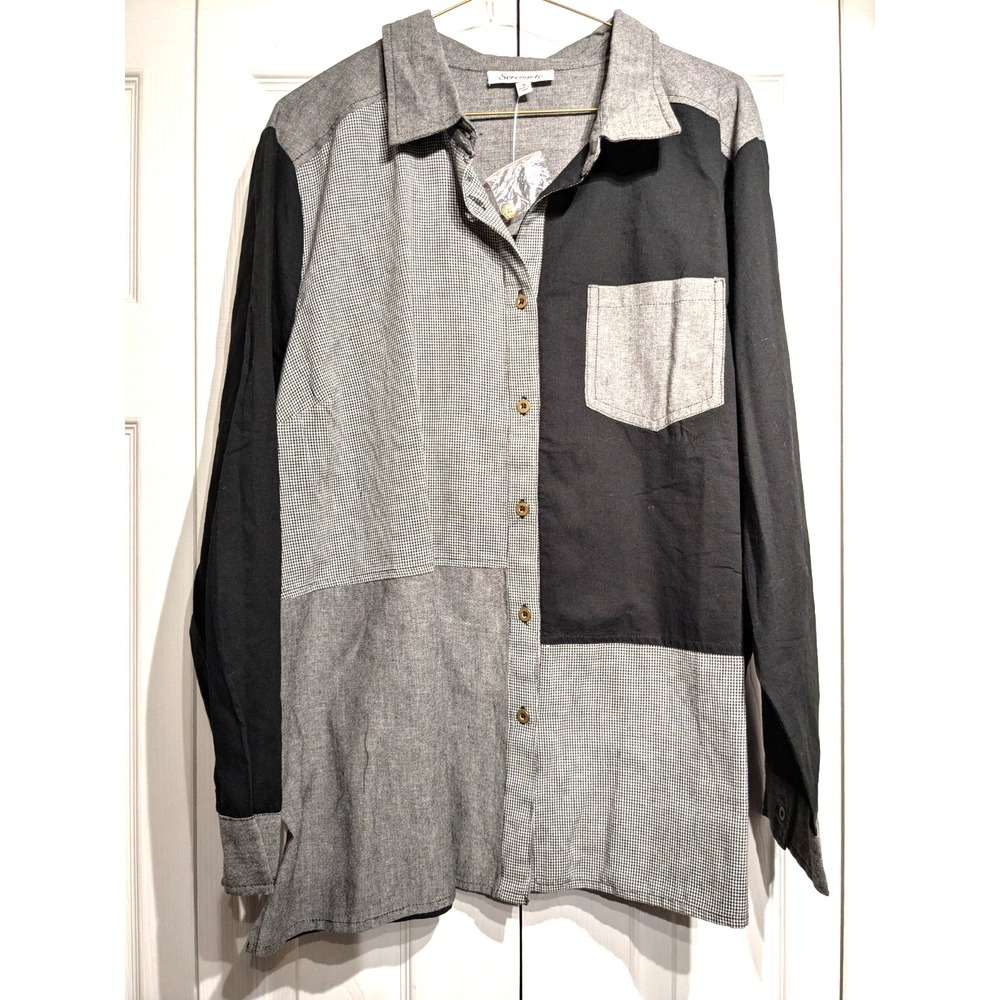 NEW Serengeti Women Sz: 1X Patchwork Back/Gray Button Up Shirt Top Pocket Cotton